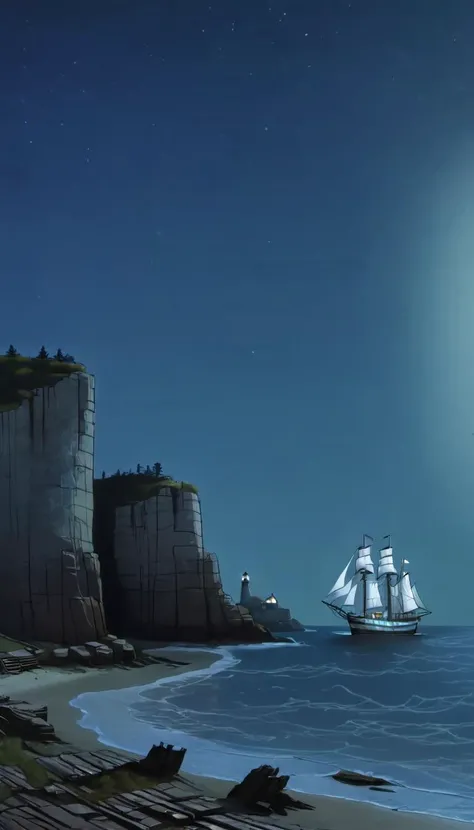 <lora:Everly_Heights_Backgrounds_New_Settings:1> A dilapidated ship with tattered sails is anchored near rocky cliffs under a moonlit sky with a lighthouse standing tall in the background.