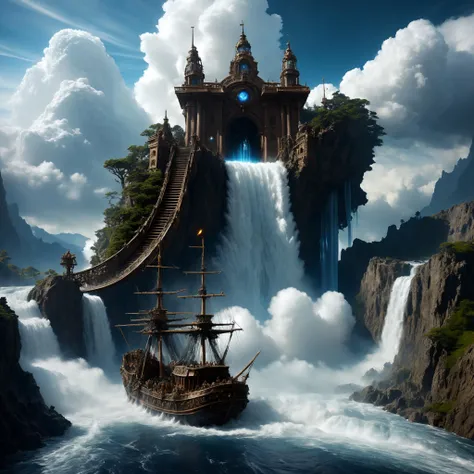 fluffy gnarly magical ship made out of clouds with static (flowing electricity charge:1.2) sailing from top of the edge of the world towards an inifite surreal waterfall, a perfect photography by Andree Wallin, Mark Mann, Marc Simonetti, Albrecht Drer, wlo...