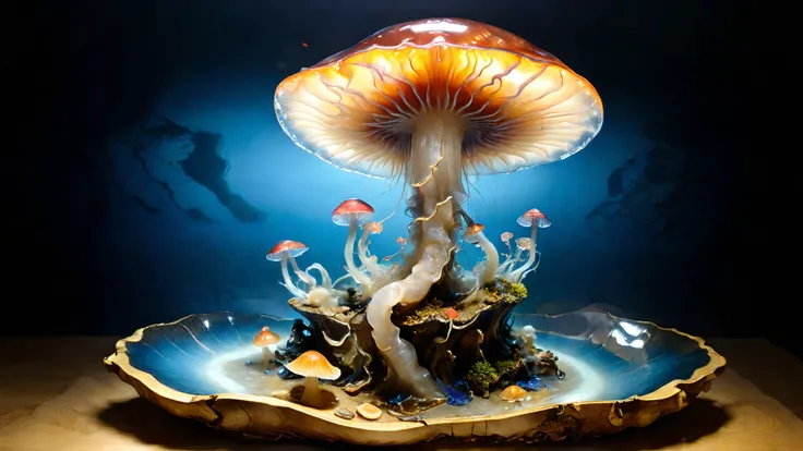 biolumiscent jellyfish inside a translucent mushroom in a kintsugi bonsai pot in dark scenery,Albrecht Dürer,James Christensen,Enoch Bolles,Mark Lague,amazing depth,beautiful complementary colours,whimsical,dramatic light,intricate masterwork by head of pr...