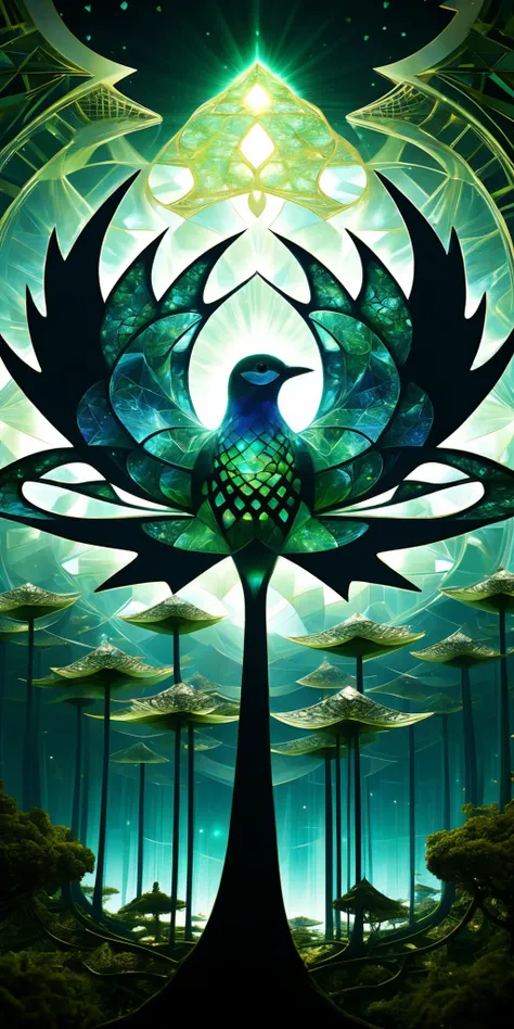 astral artistic image of a stunning fractured pieced tiled bird inside lotus dissolving into 1000 fractal eternal fragments and dissolving into own soul and endless soul with tiny tiles floating into the sky in a falling apart scenery, cosmic tree scenery,...