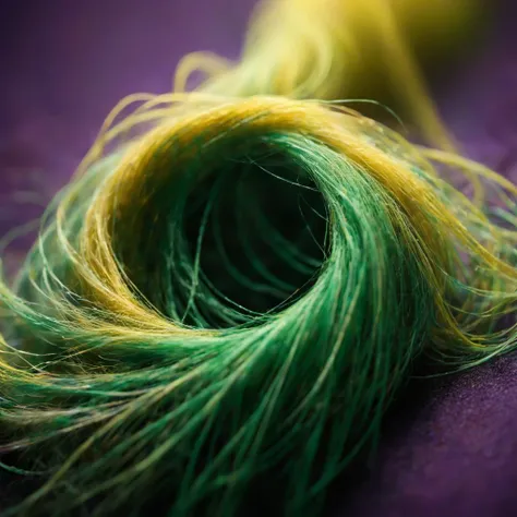 (best quality), (masterpiece), epic cinematic organic photorealistic microscopic shot of ((WOVEN HUMAN HAIR)), Physically based render, FULL COLOR,  GREEN, PURPLE, YELLOW, background is MIRROR,  shallow depth of field, back-light, film grain, Iphone X, Low...