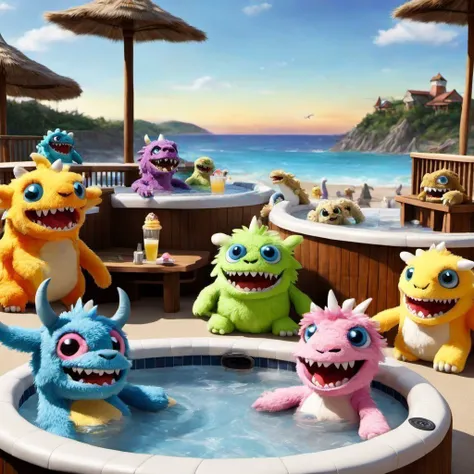 (FULL SHOT:1.2), STUFFED ANIMAL MONSTERS, HOT TUB PARTY, (BEACH RESORT IN BACKGROUND :1.3), STUDIO BONES