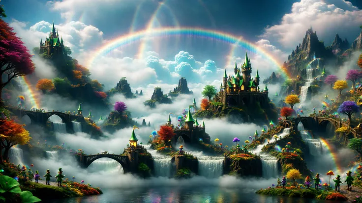 a colorful fantasy dream land with a rainbow and pot of gold, ((many small leprechauns walking around))  (Extremely Detailed and Intricate),   (wide shot), Movie Quality, Cinematic, Ultra-realistic, Realistic, (movie lighting), (movie effects),  ((Dreamy  ...