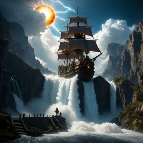 fluffy gnarly magical ship made out of clouds with static (flowing electricity charge:1.2) sailing from top of the edge of the world towards an inifite surreal waterfall, a perfect photography by Andree Wallin, Mark Mann, Marc Simonetti, Albrecht Drer, wlo...