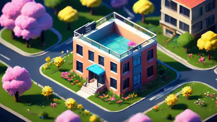 A apartment in spring by artist2,artist3, delicate hand, smiling, black eyes,Microbladed eyebrows, 2d vector illustration, emblem logo, 2d flat, centered, illustrator, symetrical, victory, 2D team logo, company logo design, Detailed isometric render, unrea...