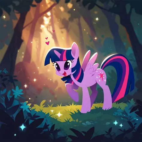 score_9, score_8_up, score_7_up, twilight sparkle in a forest glade, butterflys flit, cinematic lighting, sparkles, hearts.