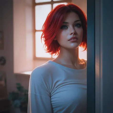 score_9, score_8_up, score_7_up, cinematic, photograph, realistic, woman with red hair looking through a window at herself.