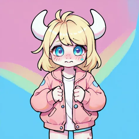 score_9, score_8_up, Unigan, femboy, cute, 2 horns, spots, pale rosy skin, blonde hair, vibrant highlights, shy, oversized puffy jacket, colorful background, digital art, highly detailed, zPDXL, <lora:UniganPDv2:.8>, <lora:CuteMixPDv3:.8>