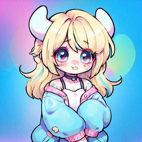 score_9, score_8_up, Unigan, femboy, cute, 2 horns, spots, pale rosy skin, blonde hair, vibrant highlights, shy, oversized puffy jacket, colorful background, digital art, highly detailed, zPDXL, <lora:UniganPDv2:.8>, <lora:CuteMixPDv2:.8>