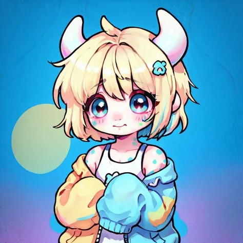 score_9, score_8_up, Unigan, femboy, cute, 2 horns, spots, pale rosy skin, blonde hair, vibrant highlights, shy, oversized puffy jacket, colorful background, digital art, highly detailed, zPDXL, <lora:UniganPDv2:.8>, <lora:CuteMixPDv2:.8>