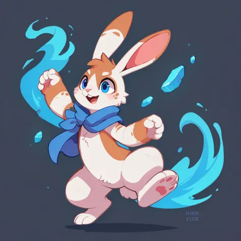 cartoon of a rabbit running in the rain with a blue scarf