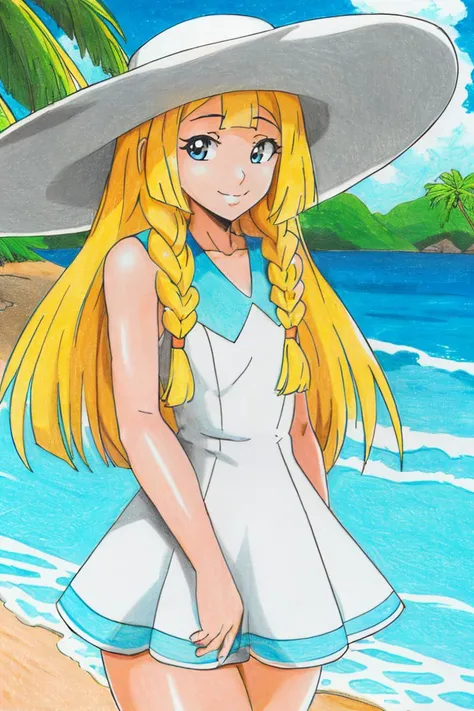 <lora:Traditional_Media_Anime:1>, masterpiece, best quality, highres, aalillie, long hair, braid, sun hat, white headwear, collarbone, sleeveless dress, white dress, <lora:lillie_(pokemon)_v1:0.7>, smile, outdoors, tropical beach, cowboy shot