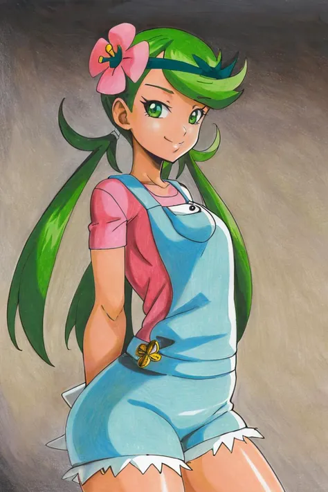 a painting of a girl with green hair and a pink flower in her hair