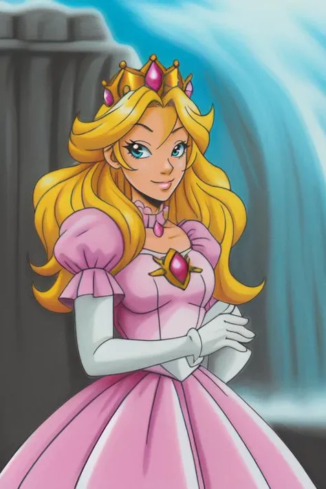 <lora:Traditional_Media_Anime:1>, ((masterpiece,best quality)), absurdres, Princess_Peach, (pink dress), blonde hair, blue eyes, long hair, crown, gem, gloves, puffy sleeves, short sleeves, white gloves, solo, smiling, looking at viewer, cowboy shot,