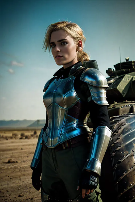 cinematic film still of beautiful (M36D0n:1.1) woman,as comicbook hero Tank Girl,wearing an (army camoflage flightsuit:1.1) and helmet,standing next to a (armor steampunk tank:1.2),apocalyptic landscape in background,cinematic scene,hero view,(dramatic act...