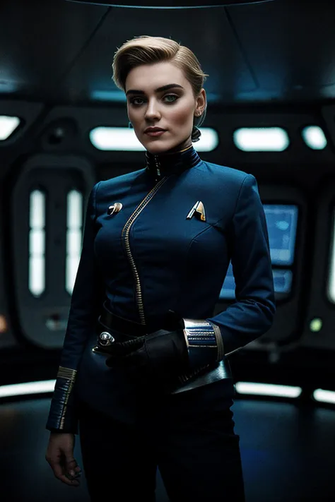 a realistic photograph of beautiful of beautiful (M36D0n:1.1) woman as space captain,wearing blue (Star Trek NG uniform),standing on the command deck of battle cruiser spacecraft,smiling,wearing a futuristic hairstyle,looking out into space at a nearby gal...