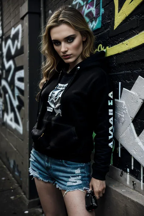 a digital photograph of beautiful (M36D0n:1.1) woman,as a beautiful skater girl,wearing a (black hoodie:1.3) and (tuscany yellow cutoffs:1,1),holding a can of brawndo thirst mutilator sports drink,standing against a wall with (graffiti art by Banksy:1.2),i...