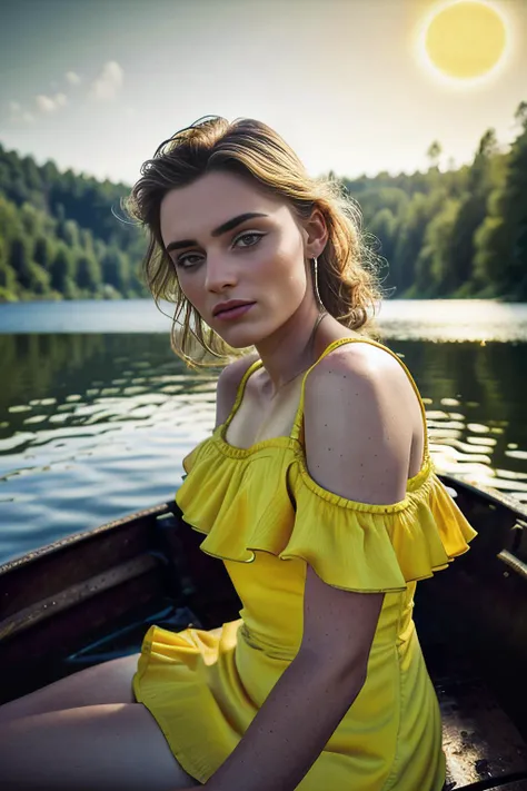 a realistic photograph of beautiful (M36D0n:1.1) woman wearing a (deep yellow sun dress:1.2),sitting in a rowboat on a quiet lake,surrounded by a forest,modelshoot style,(extremely detailed CG unity 8k HDR UHD wallpaper),professional majestic photography,(...