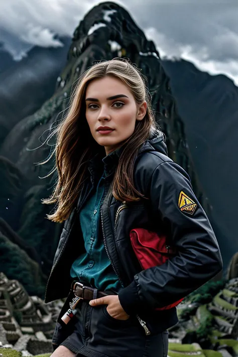 cinematic film still of beautiful (M36D0n:1.1) woman,as an explorer,climbing along a rocky cliff on a mountain,with a jacket and backpack with hiking gear,long hair,lipstick,with (machu picchu in peru:1.3) in the distance,cinematic scene,hero view,(dramati...