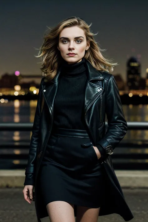 promotional photograph from television series of beautiful (M36D0n:1.1) woman as a criminal detective in a Baltimore police precinct,wearing black dress with a khaki trenchcoat,police badge,holding glock pistol,walking along waterfront,overlooking inner ha...