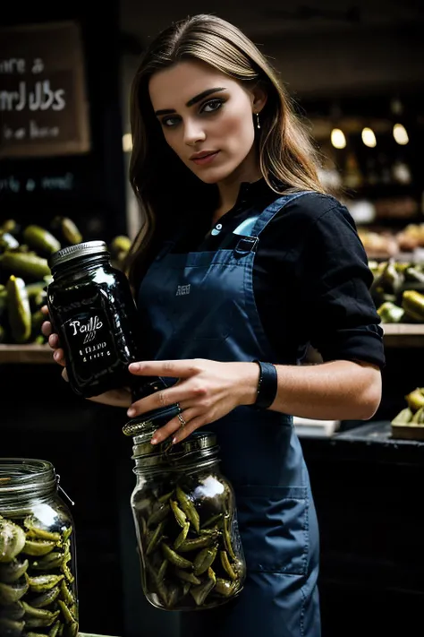 a professional photograph of beautiful (M36D0n:1.1) woman,as a beautiful merchant,wearing a (pearl gray) (shopkeepers apron:1.2)over(black shirt:1.1),holding a (large jar of pickles:1.4),standing in front of a (produce stand:1.1),at a busy street market,on...