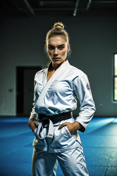 a realistic photograph of beautiful (M36D0n:1.1) woman,as a taekwondo master, wearing a (white dobok taekwondo uniform) with (black belt),standing in a dojo,throwing powerful kicks and punches with agility and grace, perfectly balanced body,every move is p...