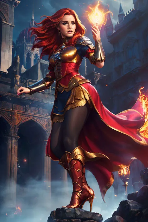 A stunning digital painting of (emma watson :1.0),solo, (middle shot:1.4), realistic, masterpiece, best quality, high detailed, (As Triss Merigold, in a vivid, striking 8K digital painting, depict her in her crimson attire, her fiery hair mirroring the pot...