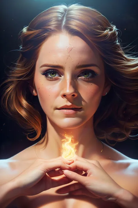 Emma Watson,  a realistic digital painting of (emm4w4ts0n:1.1), n the heat of a fierce, hellish battlefield, a female human Angel (photorealistic:1.35) stands, a beacon of divine hope. Her radiant face is adorned with (soft, heavenly makeup:1.2), a testame...