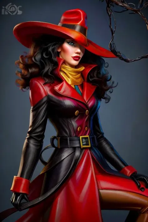 a woman in a red hat and black leather coat