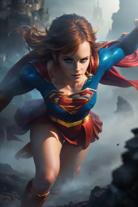 a realistic digital painting of (Emma Watson:1.0), In the bowels of a ravaged abyss, a female human Swarm-That-Walks (photorealistic:1.35) stands, vengeance her only sustenance. Her austere face, bespeckled with (earthy, menacing makeup:1.2), mirrors her r...