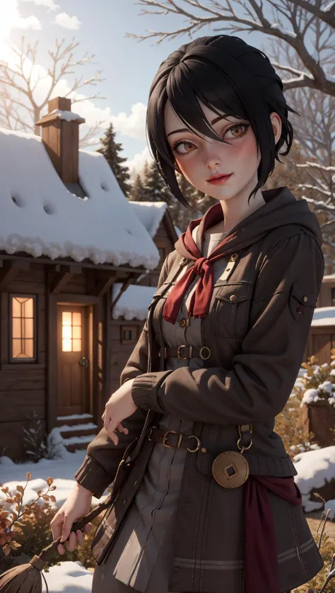 anime girl in a brown coat and red scarf holding a brown bag