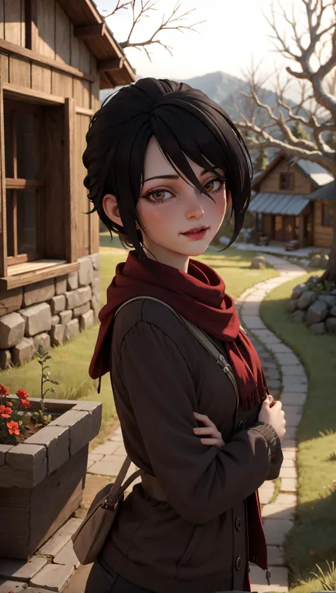 anime girl with black hair and red scarf standing in front of a house