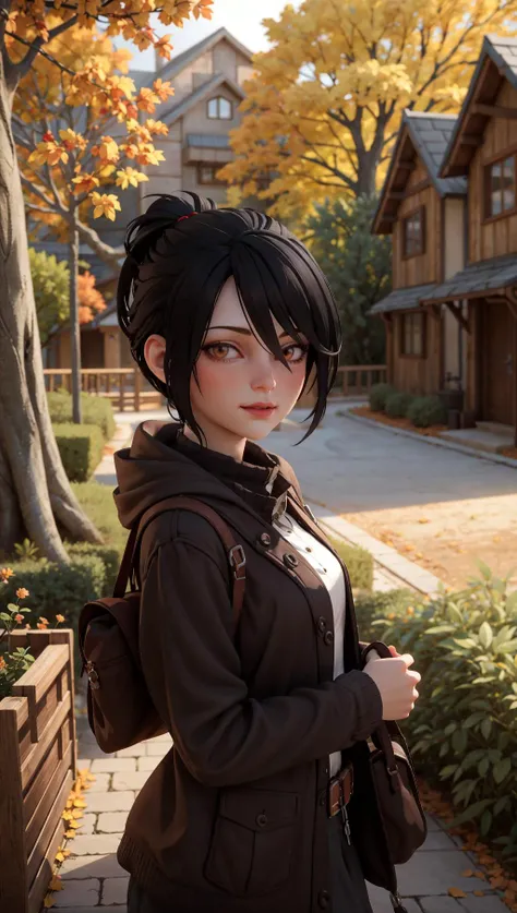 anime - style girl in a brown jacket and black hair standing in front of a house