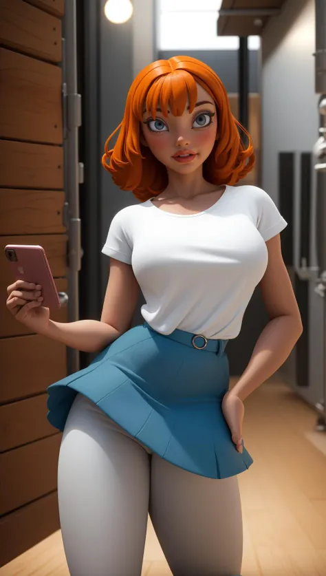 <lora:ChrissandersstyleV1:1> chrissanderstyle, 1girl, orange hair, blue skirt, very short hair,  blunt bangs, full body, lips, pantyhose, skirt, solo, standing, white footwear, wooden floor, indoors, standing, holding phone, 
masterpiece, best quality, dig...