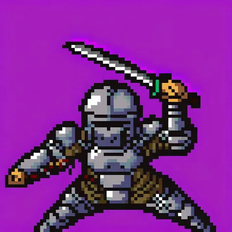 <lora:lisathepointless-v5.4_:1> by lisathepointless, solo, purple background, 1boy, solo, male, standing, knight, armor, plate armor, faceless, covered face, knight helmet, holding weapon, holding sword, attack, fighting pose,