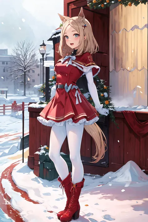 masterpiece,best quality,highres,ultra-detailed,aatopro,yellow eyes,horse ears,medium hair,parted bangs,<lora:narita_top_road_(umamusume):0.8>,christmas,santa costume,capelet,red dress,belt,red gloves,boots,knee boots,red footwear,outdoors,snow,standing,:d...