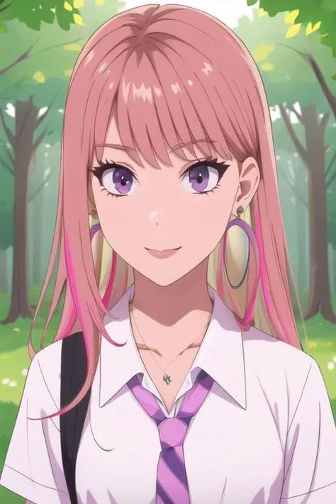 (best quality:1.1), (masterpiece:1.4), illustration, 1girl, solo, , upper body, depth of field, , realistic, <lora:nikoru_yamana:0.92>, nikoru_yamana, pink hair, purple eyes, long hair, , , earrings, school uniform, , The Forest of Mirrors: A place where r...