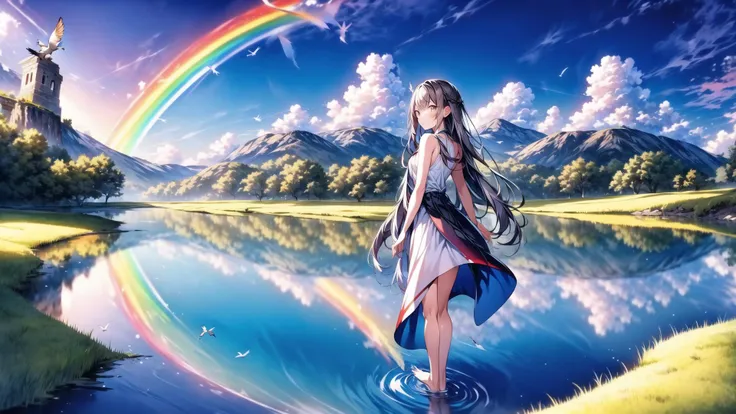 a woman walking across a lake with a rainbow in the background