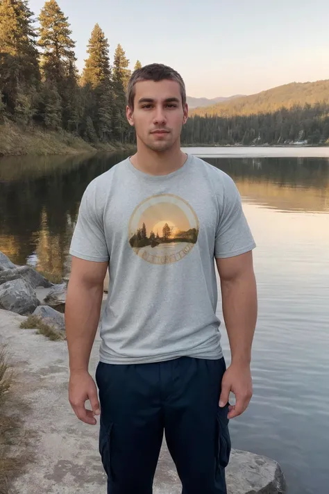 photo of sc_stu  <lora:sc_stu-06:0.75> posing outdoors near a lake, natural lighting, wearing lightweight t-shirt and cargo pants, golden hour, picturesque natural setting, serene lakeside, rich natural beauty