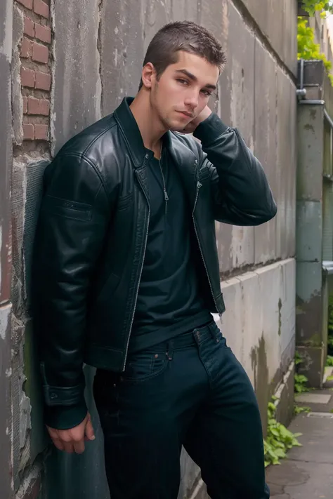 photo of sc_stu  <lora:sc_stu-06:0.75> wearing a stylish fitted black leather jacket, dark jeans, graffiti-laden brick wall with greenery peeking through the cracks, relaxed yet cool, casually leaning against the wall, natural lighting, dramatic lighting, ...