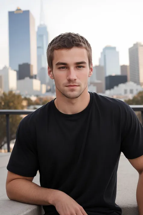 closeup face portrait photo of sc_stu  <lora:sc_stu-06:0.75> wearing a black crew-neck t-shirt, blurred background, cityscape in the background