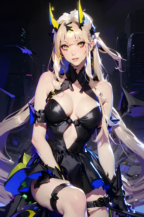 <lora:AiriDimensionBreaker:1>, Airidimension, 1girl, solo, long hair, breasts, looking at viewer, bangs, blonde hair, gloves, dress, holding, cleavage, hair between eyes, bare shoulders, very long hair, closed mouth, yellow eyes, weapon, white hair, big br...