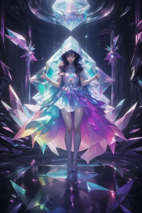 (masterpiece, top quality, best quality, official art, beautiful and aesthetic:1.2),(radial composition:1.2),1 girl,a nun wearing a transparent hood rebe made of azure crystal,crystalline leggings,magic ball,(crystal church interior),arch,colorful glass,mi...