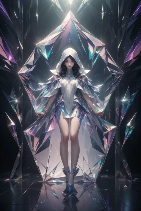 (masterpiece, top quality, best quality, official art, beautiful and aesthetic:1.2),(radial composition:1.2),1 girl,a nun wearing a transparent hood rebe made of azure crystal,crystalline leggings,magic ball,(crystal church interior),arch,colorful glass,mi...