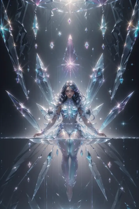 (masterpiece, top quality, best quality, official art, beautiful and aesthetic:1.2),(radial composition:1.2),upper body,mid shot,1 girl wearing a transparent bodysuit made of azure crystal,crystalline leggings,suspended in air,hovering,(crystal mine interi...