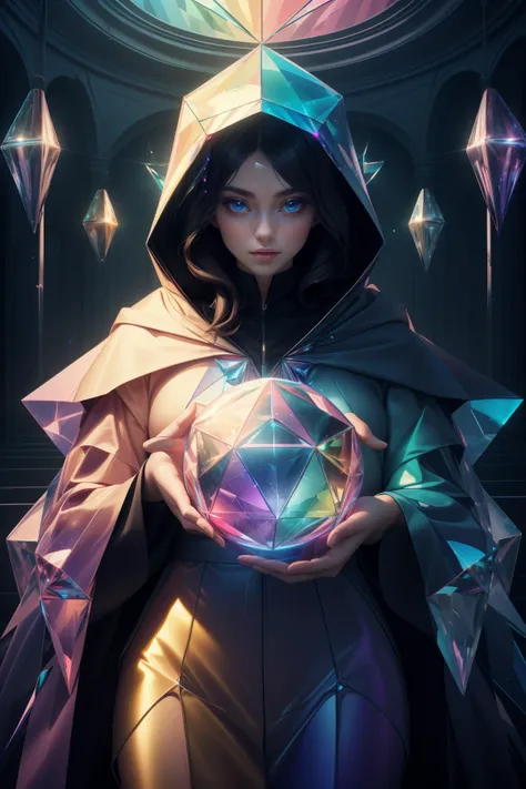 (masterpiece, top quality, best quality, official art, beautiful and aesthetic:1.2),(radial composition:1.2),(1 girl:1.2),upper body,a nun wearing a transparent hood rebe made of azure crystal,crystalline leggings,magic ball,(crystal church interior),arch,...