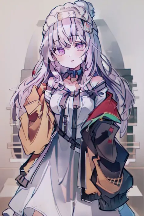 ((masterpiece:1.2, best quality, high_resolution, distinct_image)),  <lora:hella:0.8>, white dress, hat, open jacket, beanie, white headwear, off shoulder, purple eyes, <lora:Xiaorenshu_v20:1>