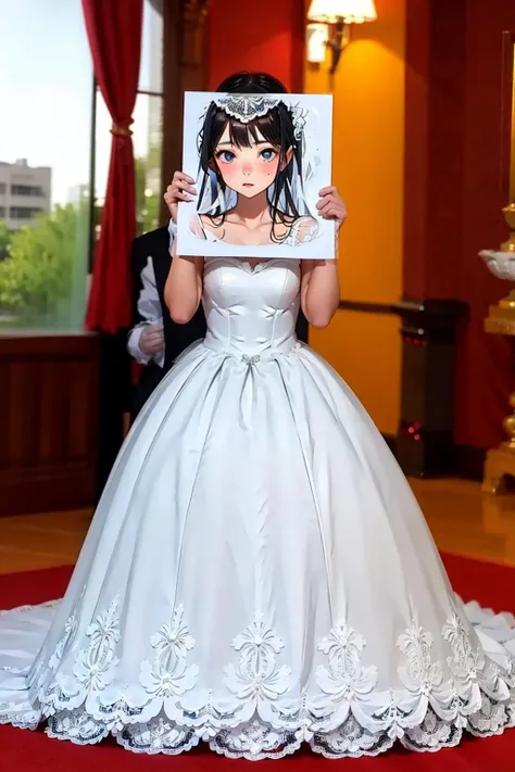 masterpiece, best quality, <lora:pif-000020:1>,paper,paperinface,1girl,wedding dress,full body,