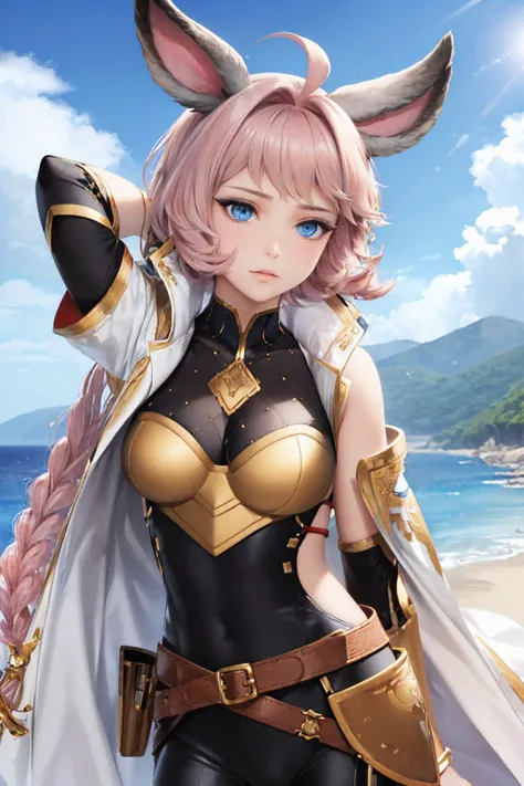 (masterpiece, best quality:1.2), cowboy shot, solo, 1girl, gbftien, expressionless, closed mouth, looking at viewer, arm up, ahoge, braid, armor, leotard <lora:gbf_tien:1.0>