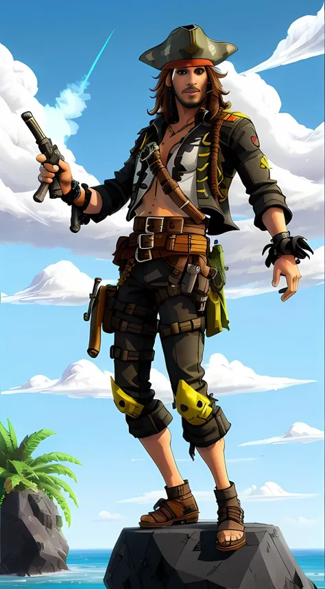 a male character stand on the rock, pistol, long hair, pirate hat, tropical island background, <lora:ApexLegends_64-000020:1>, apexlegends_style